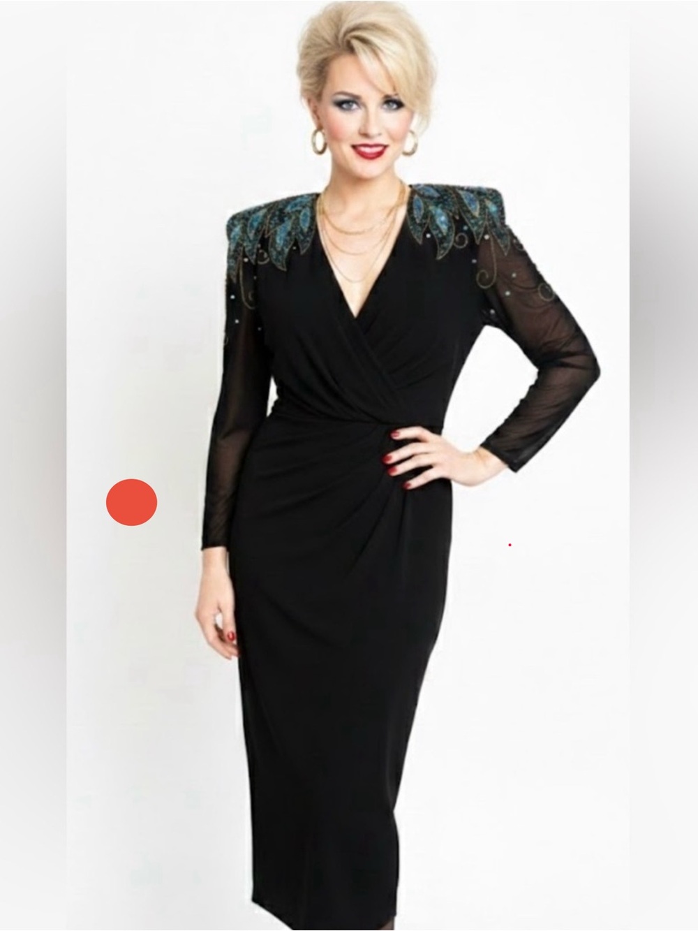 VNTG 1982 Casadei Beaded Cocktail Dress 80s Shoulder Pads Sequin Zip Back Wrap